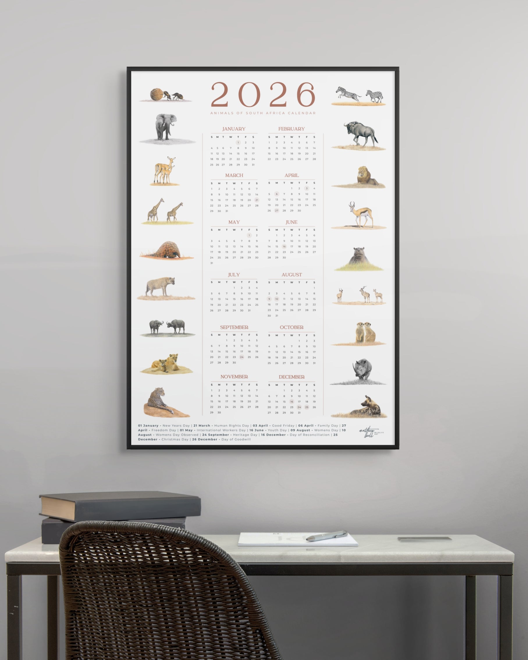 2026 wildlife calendar with illustrations of South African safari animals on a white background