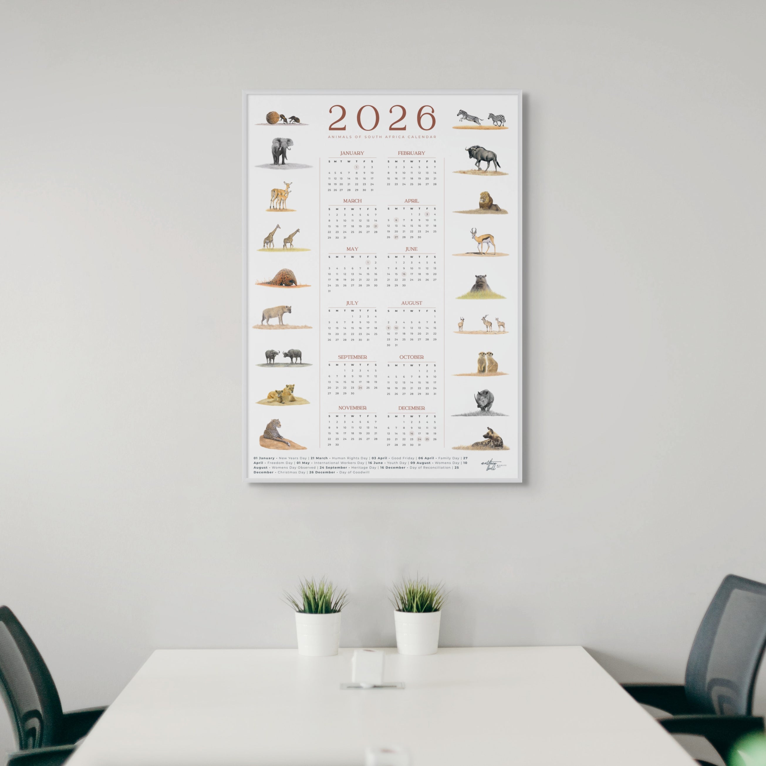 2026 wildlife calendar with illustrations of South African safari animals on a white background
