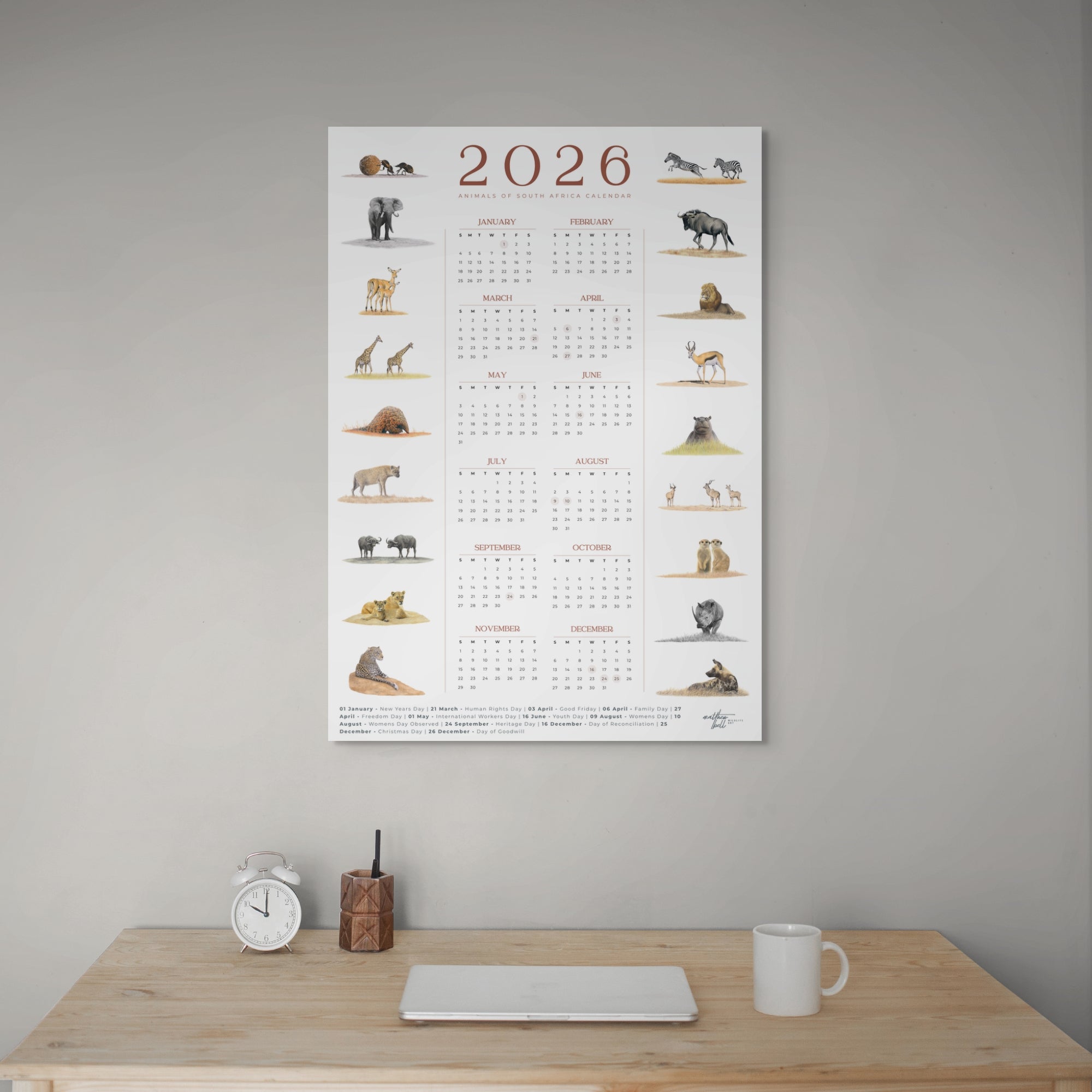 2026 wildlife calendar with illustrations of South African safari animals on a white background