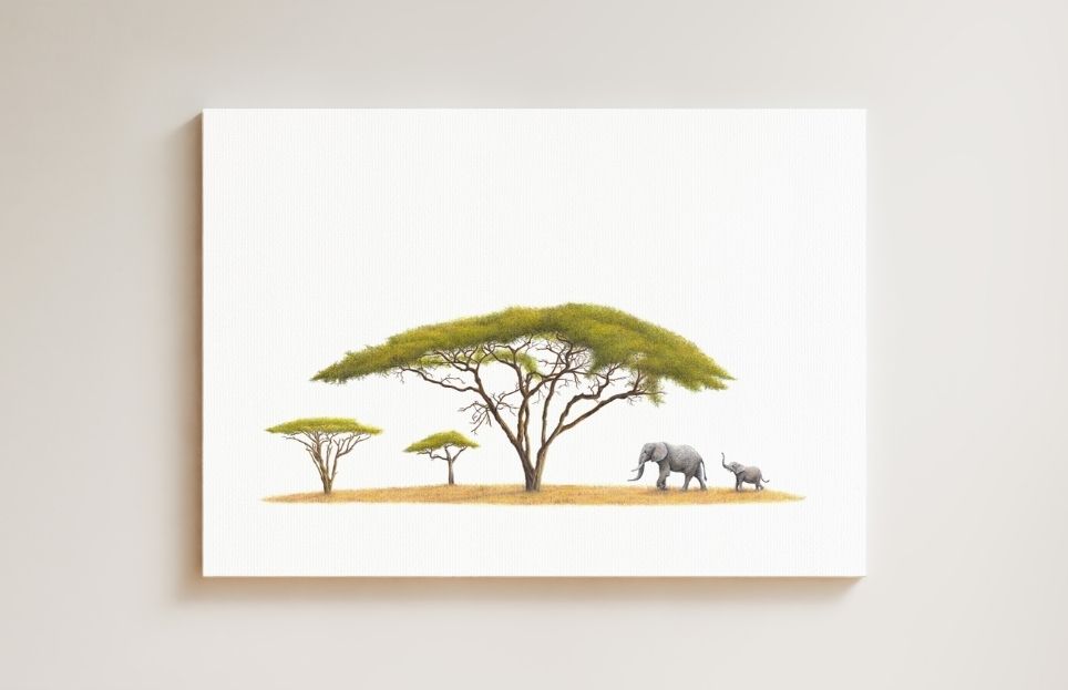 Acacia Tree and Elephants drawing on canvas by South African wildlife artist Matthew Bell