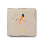 African Paradise Flycatcher Bird leather coaster by South African wildlife artist Matthew Bell