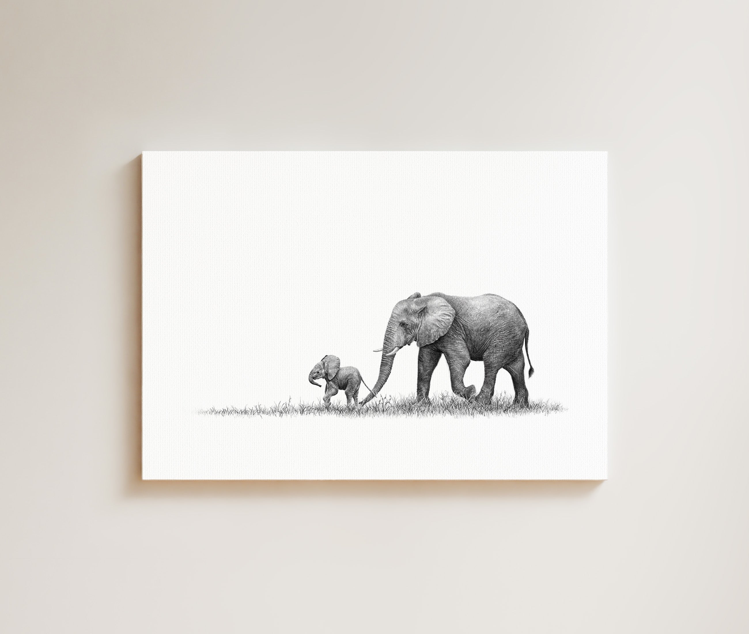 African Elephant Mother and Calf drawing on canvas by South African wildlife artist Matthew Bell