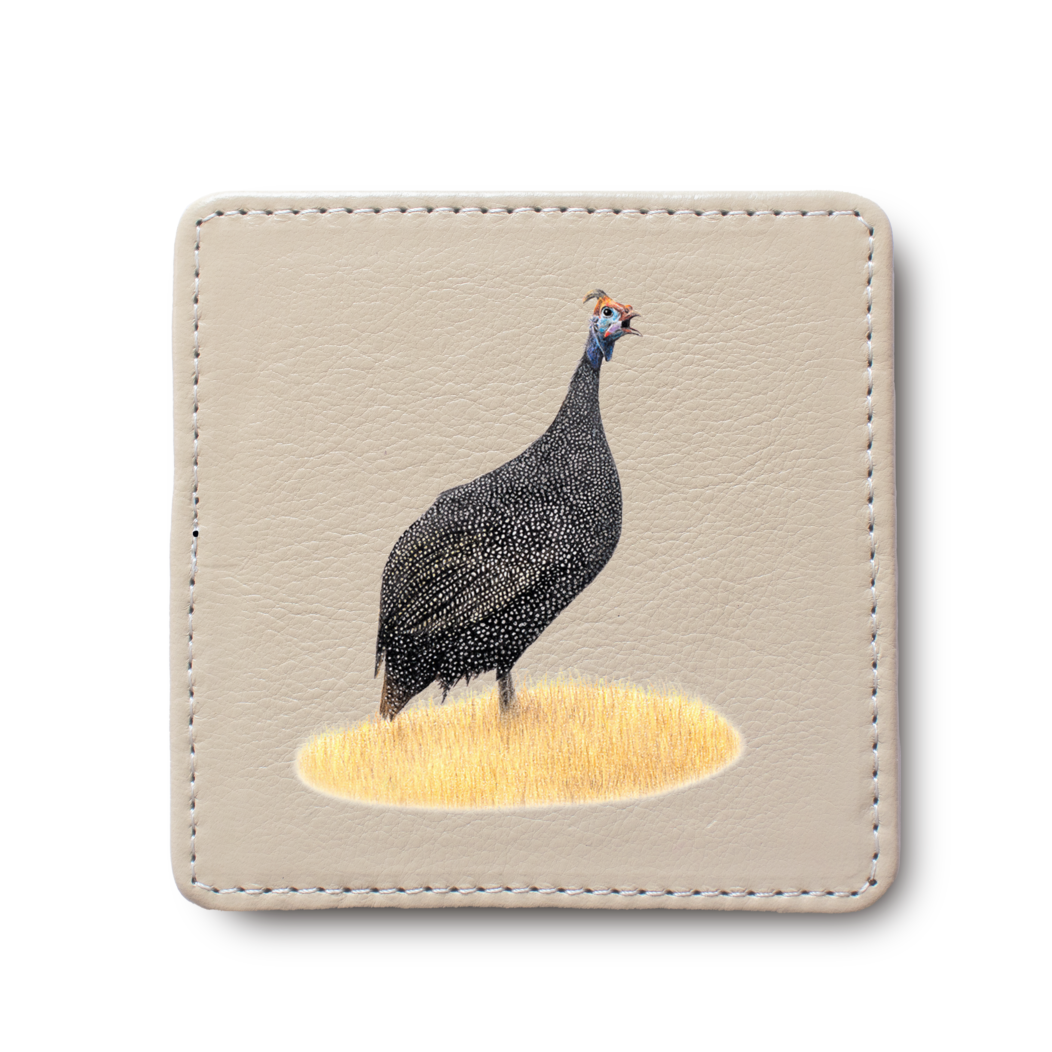 Guinea Fowl Bird leather coaster by South African wildlife artist Matthew Bell