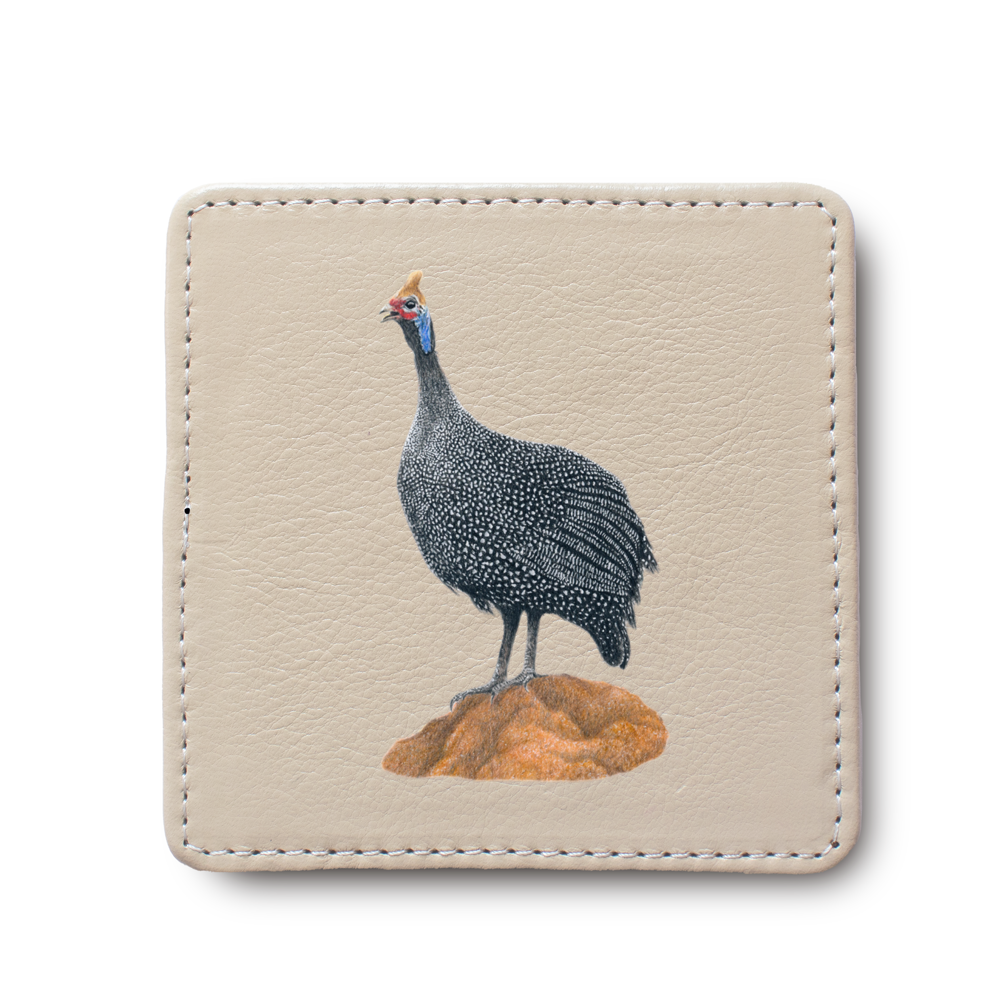 Guinea Fowl Bird leather coaster by South African wildlife artist Matthew Bell