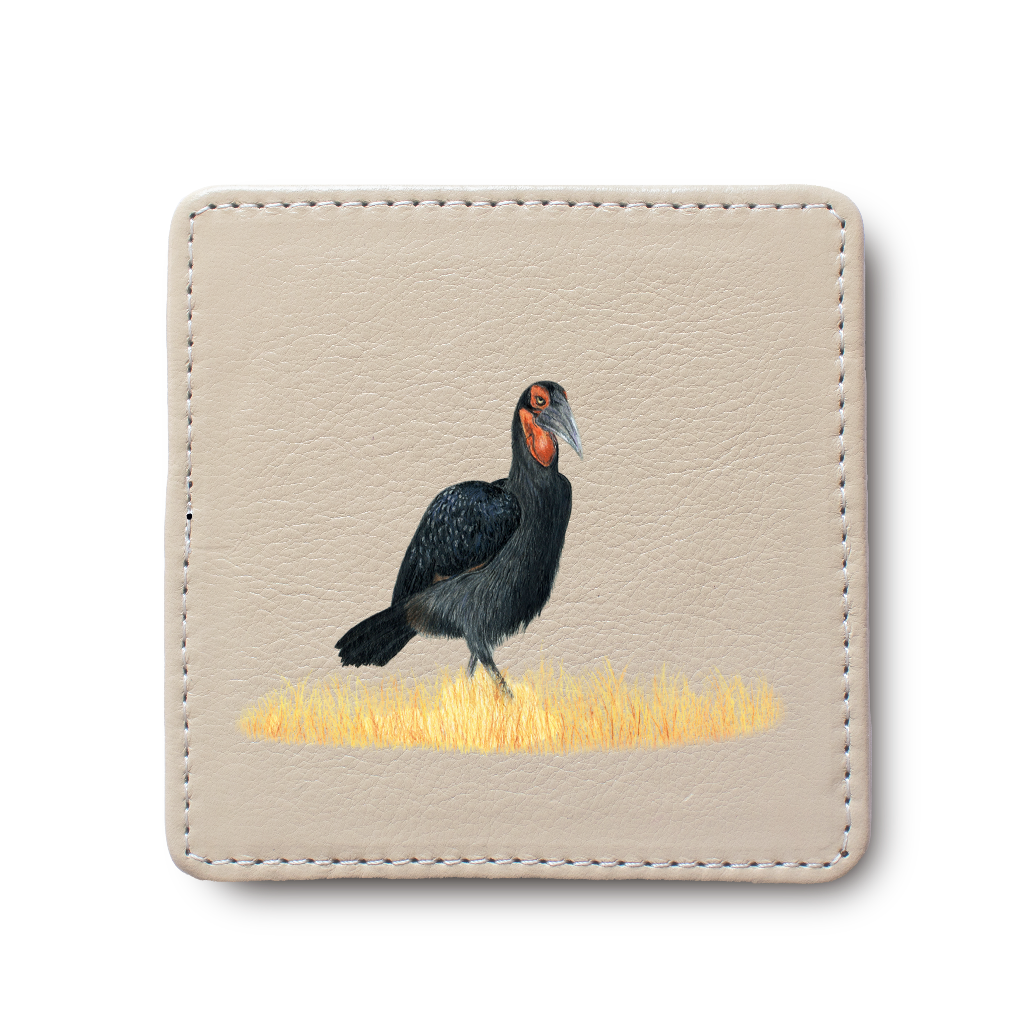 Ground Hornbill Bird leather coaster by South African wildlife artist Matthew Bell