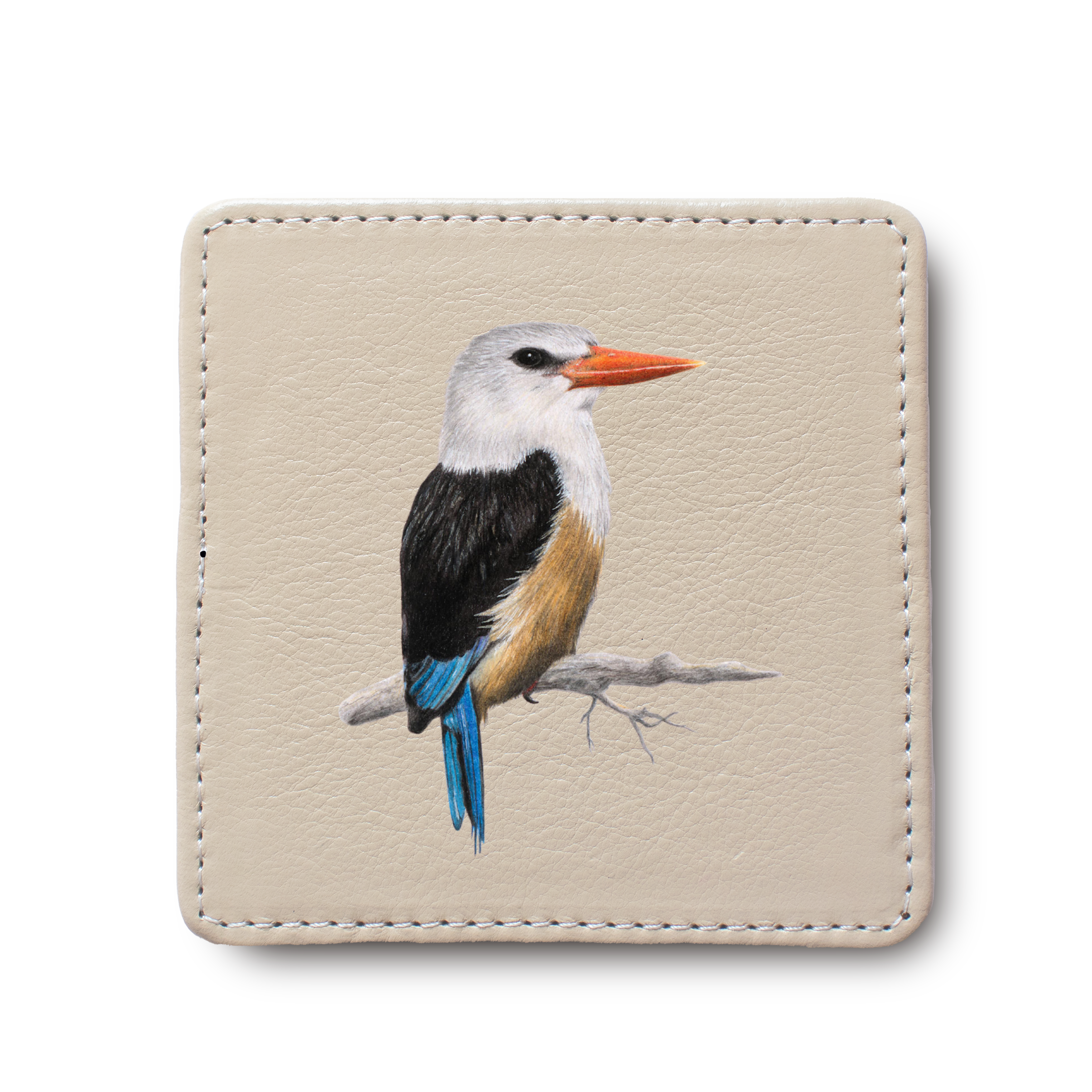 Grey Headed Kingfisher Bird leather coaster by South African wildlife artist Matthew Bell