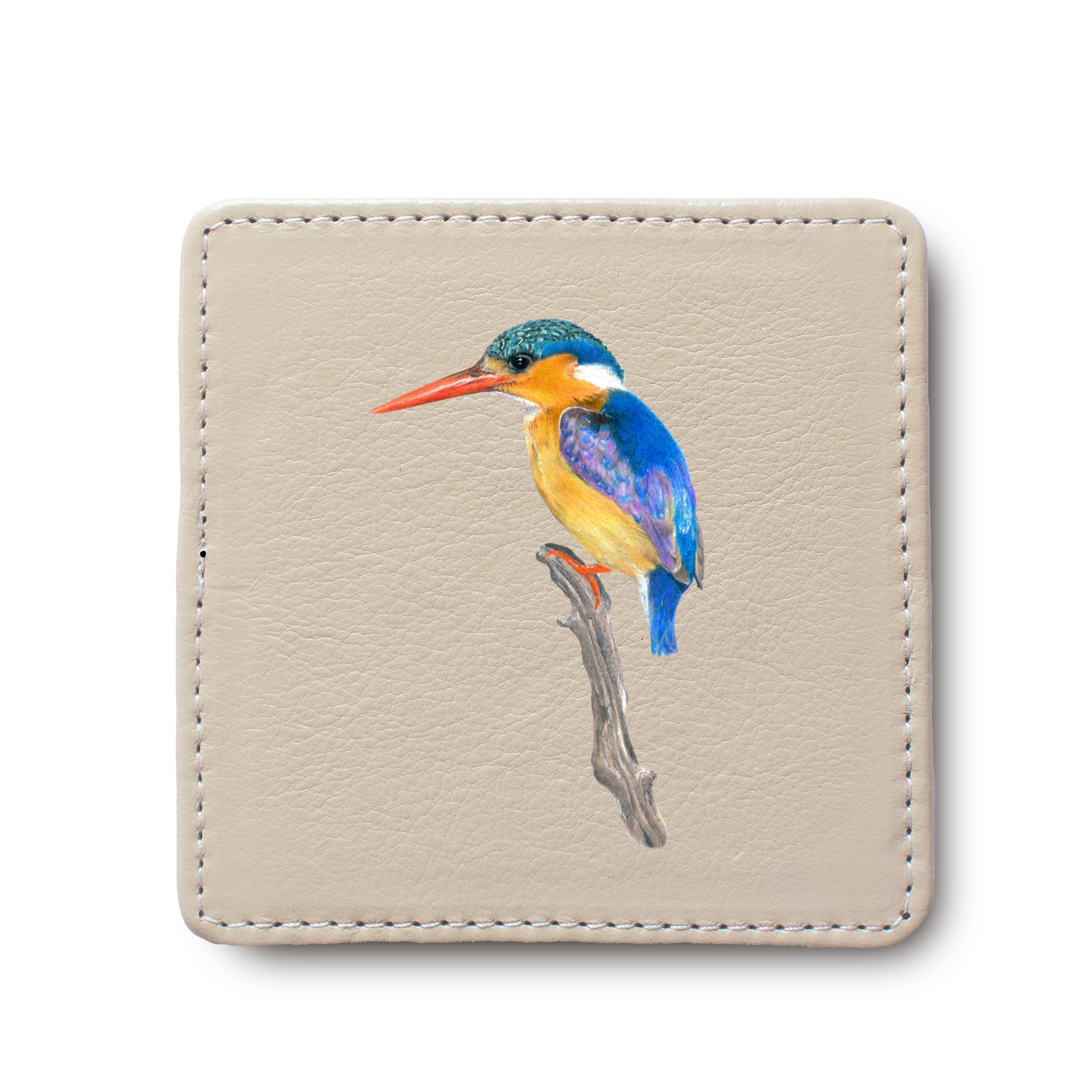 Malachite Kingfisher Bird leather coaster by South African wildlife artist Matthew Bell