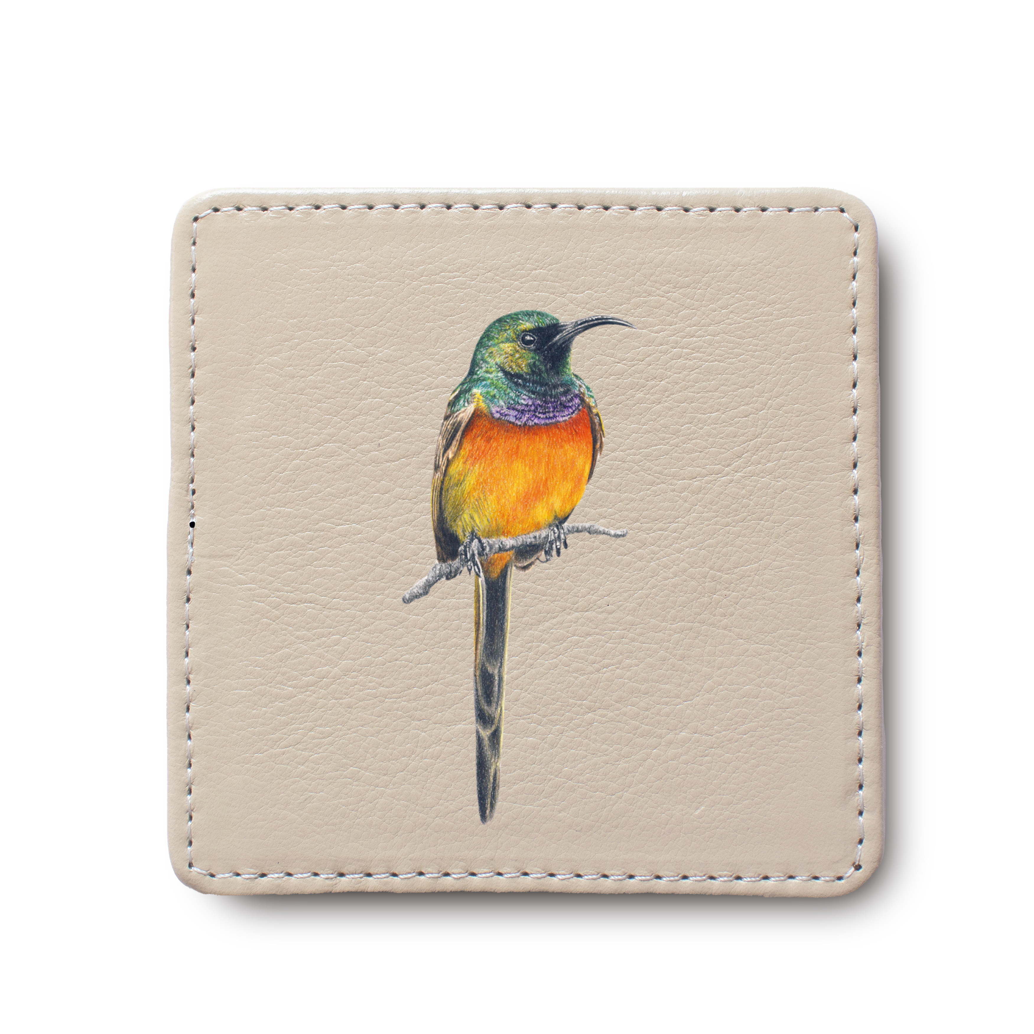 Orange Breasted Sunbird Bird leather coaster by South African wildlife artist Matthew Bell