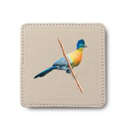 Purple Crested Turaco Bird leather coaster by South African wildlife artist Matthew Bell