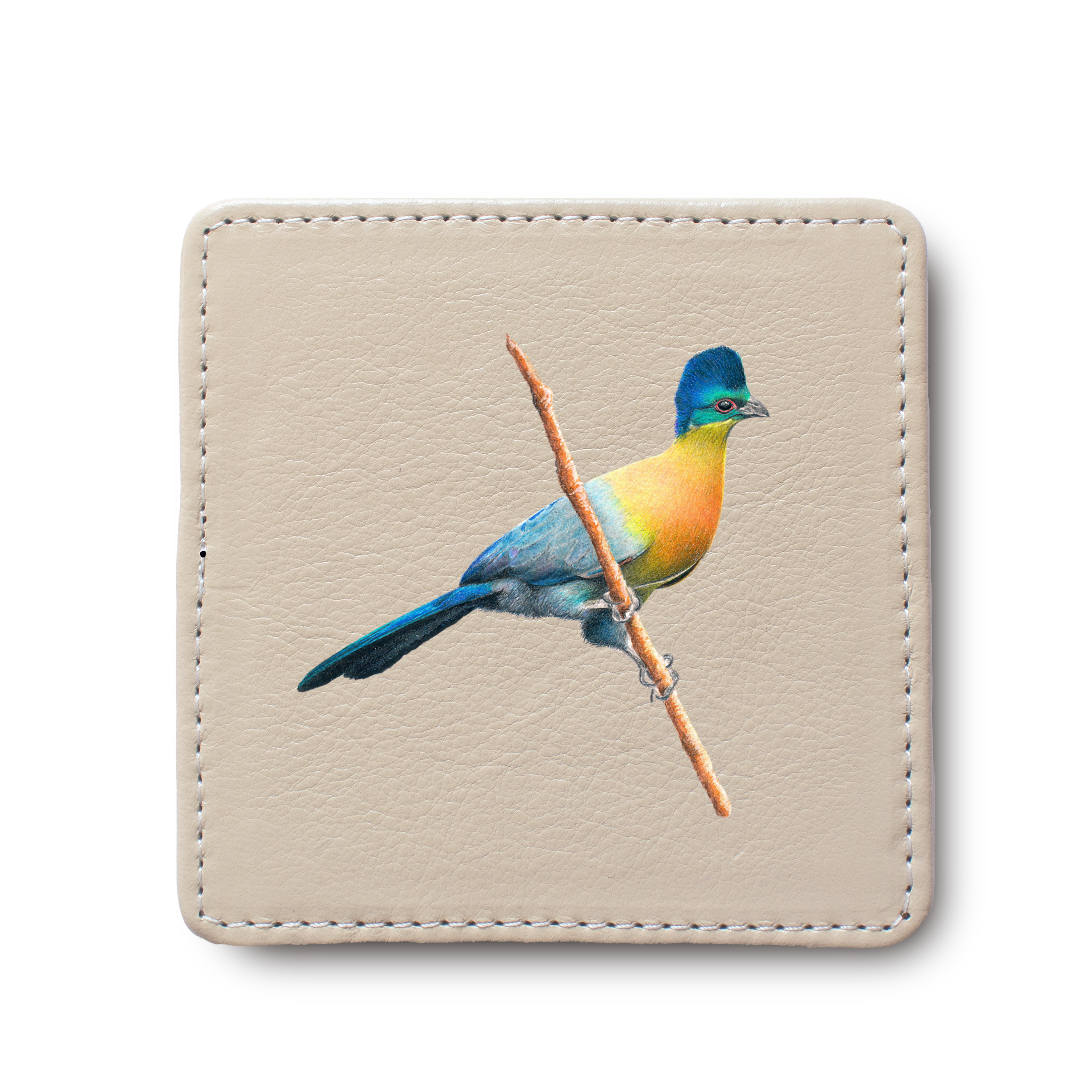 Purple Crested Turaco Bird leather coaster by South African wildlife artist Matthew Bell