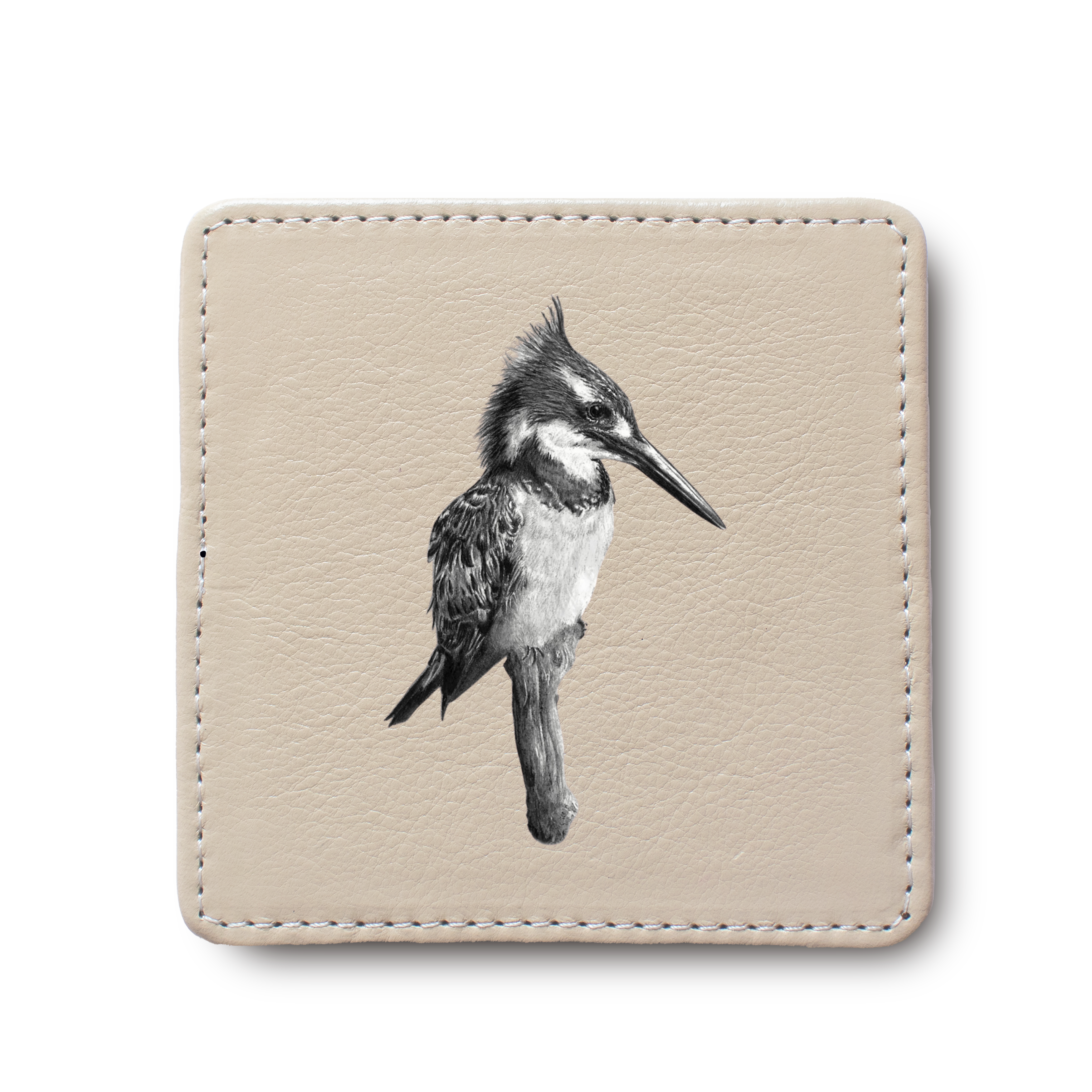 Pied Kingfisher Bird leather coaster by South African wildlife artist Matthew Bell