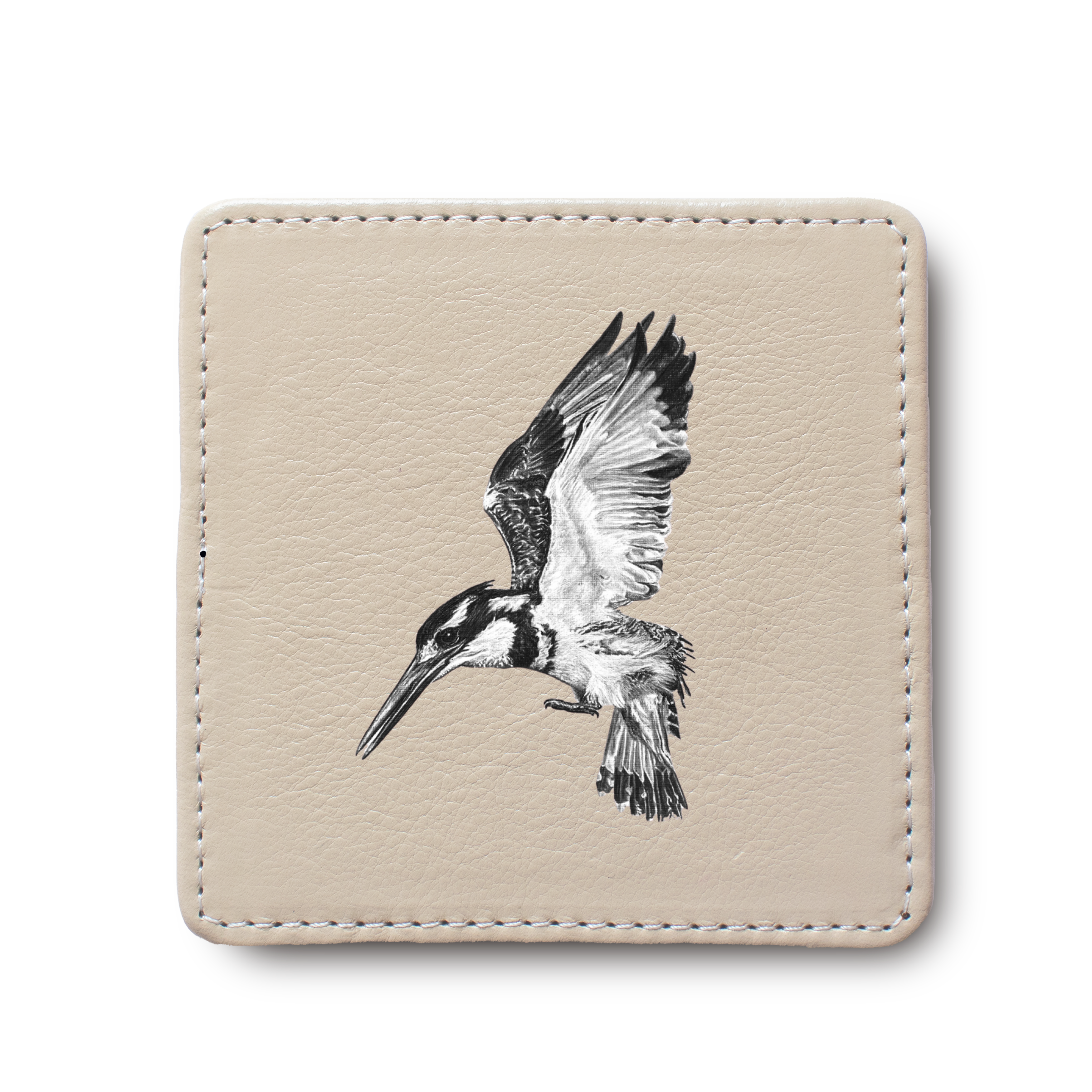 Pied Kingfisher Bird leather coaster by South African wildlife artist Matthew Bell