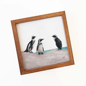 Kiaat wood framed miniature artwork of African Penguins, part of wildlife artist Matthew Bell's birds of South Africa gallery