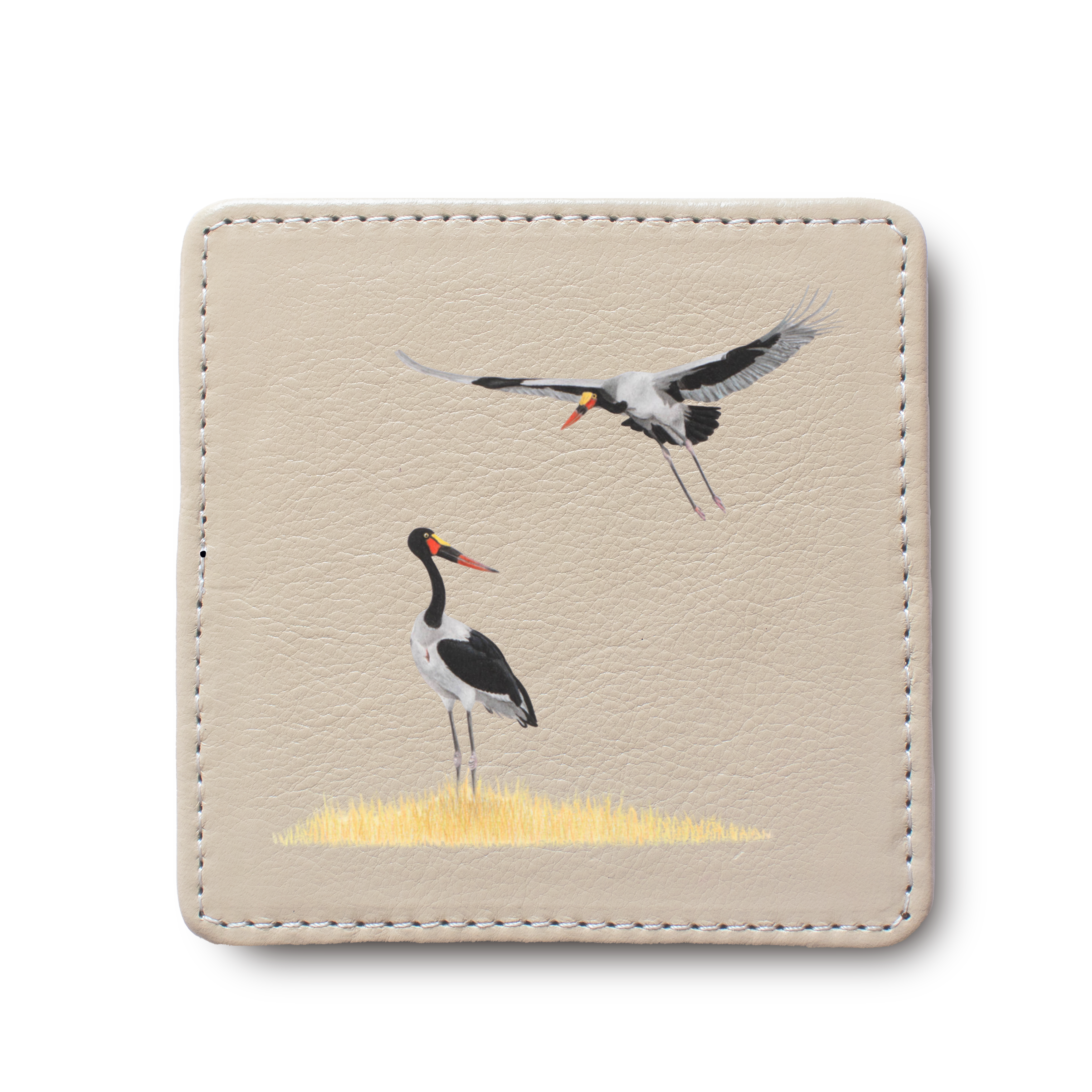 Saddle Billed Storks Bird leather coaster by South African wildlife artist Matthew Bell