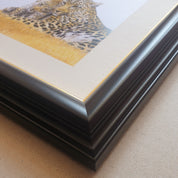 African wildlife art, leopard mother with a cub in a black frame