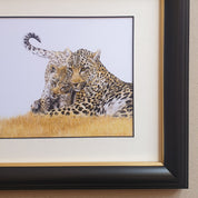 African wildlife art, leopard mother with a cub in a black frame