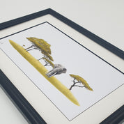 Elephant and acacia trees pencil drawing with a black frame