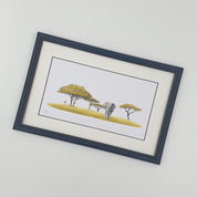Elephant and acacia trees pencil drawing with a black frame