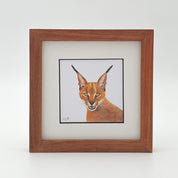 Caracal wildlife drawing with a wooden Kiaat frame