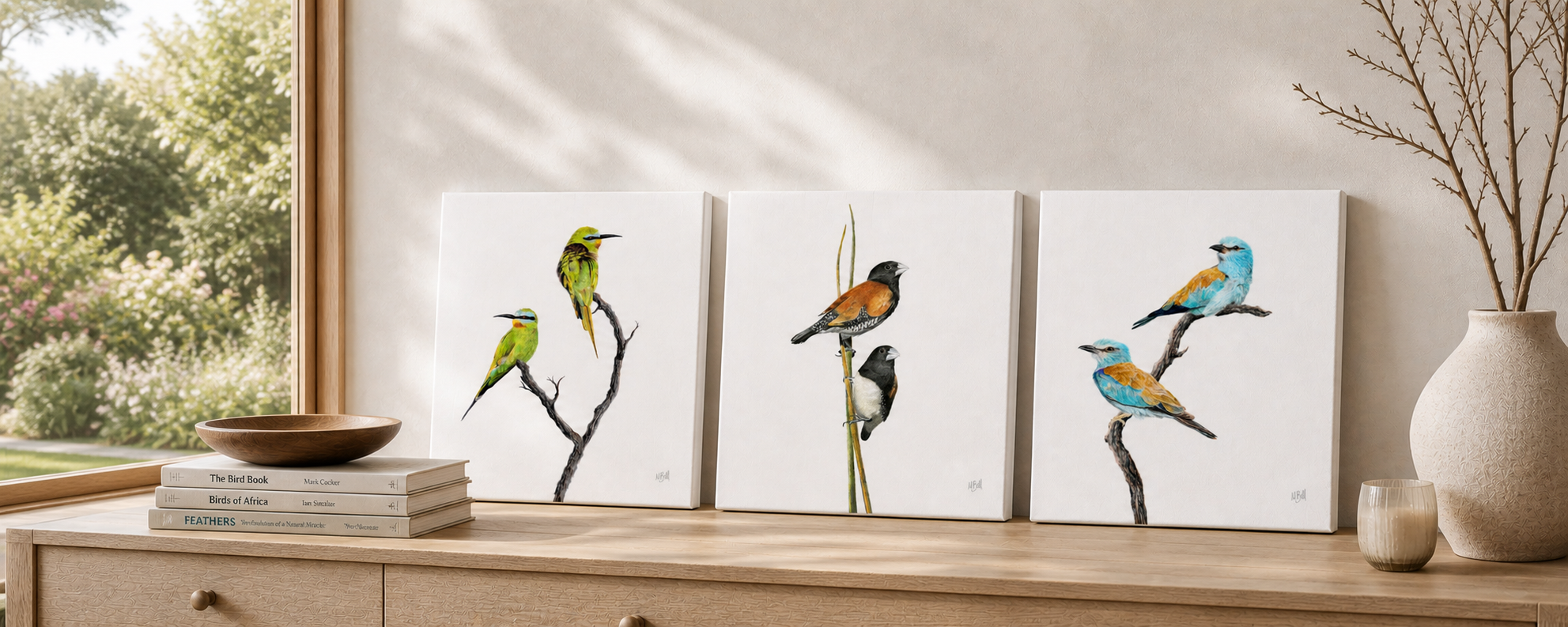 Blue Cheeked Bee Eaters, Red Backed Mannikins, European Rollers stretched birds of South Africa canvas prints by Matthew Bell