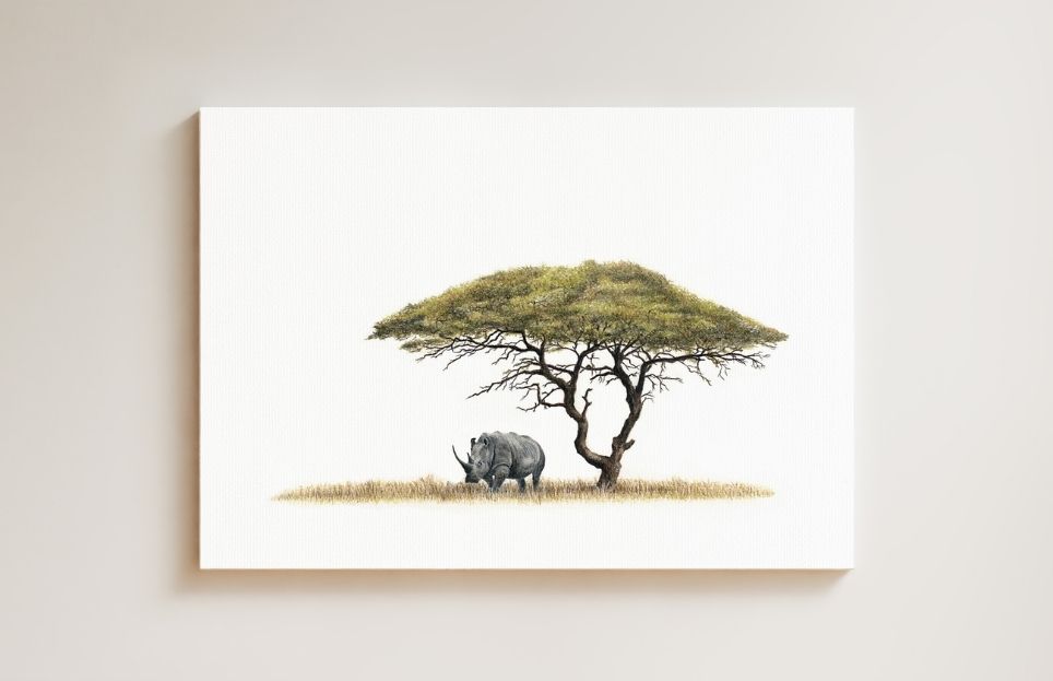 Acacia Tree and White Rhino drawing on canvas by South African wildlife artist Matthew Bell