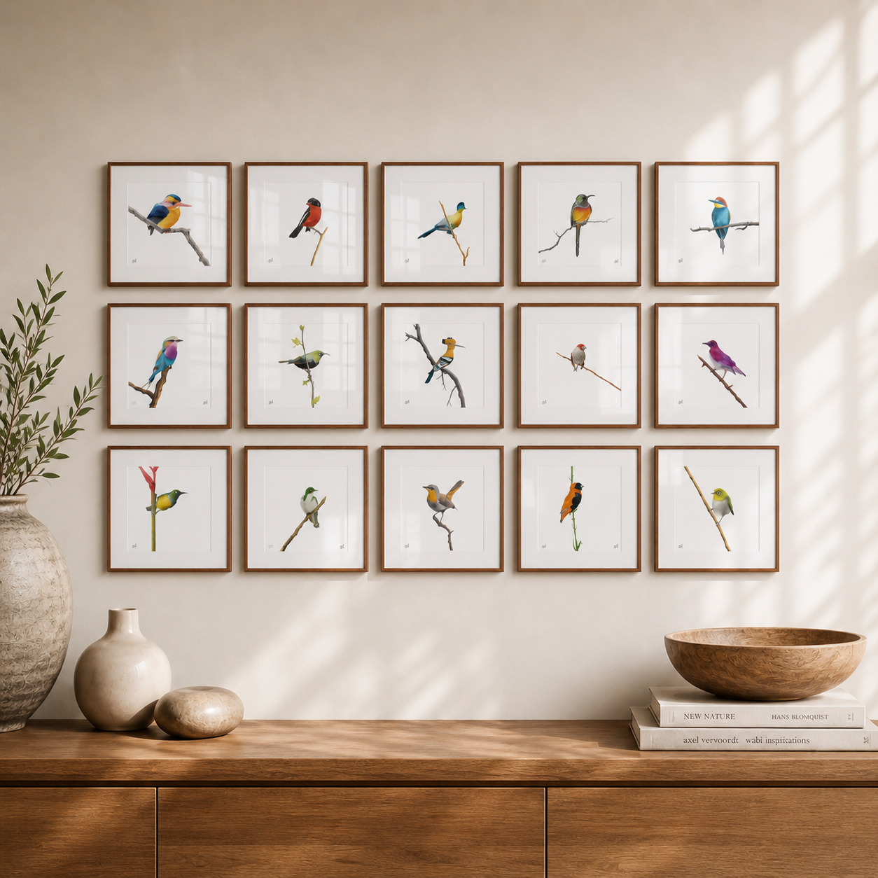 A gallery wall display of 15 framed bird illustrations arranged in a 3x5 grid. Each framed print features a different colorful bird on a branch, set in light brown wood frames against white backgrounds.