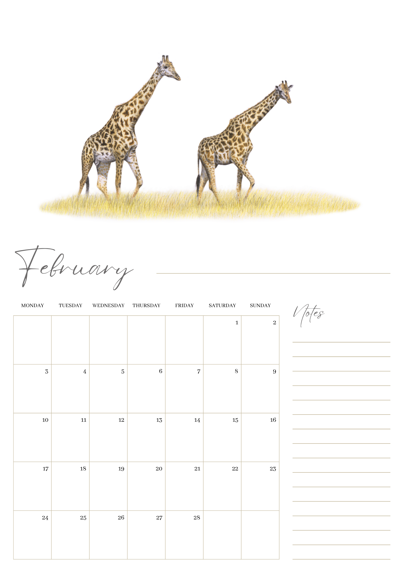 2025 premium quality South African animals hanging wall calendar showing wildlife artwork by artist Matthew Bell including Elephant, Giraffe, Serval, Hippo, Cheetah, Pangolin, Rhino, Springbok, Zebra, Dung Beetles