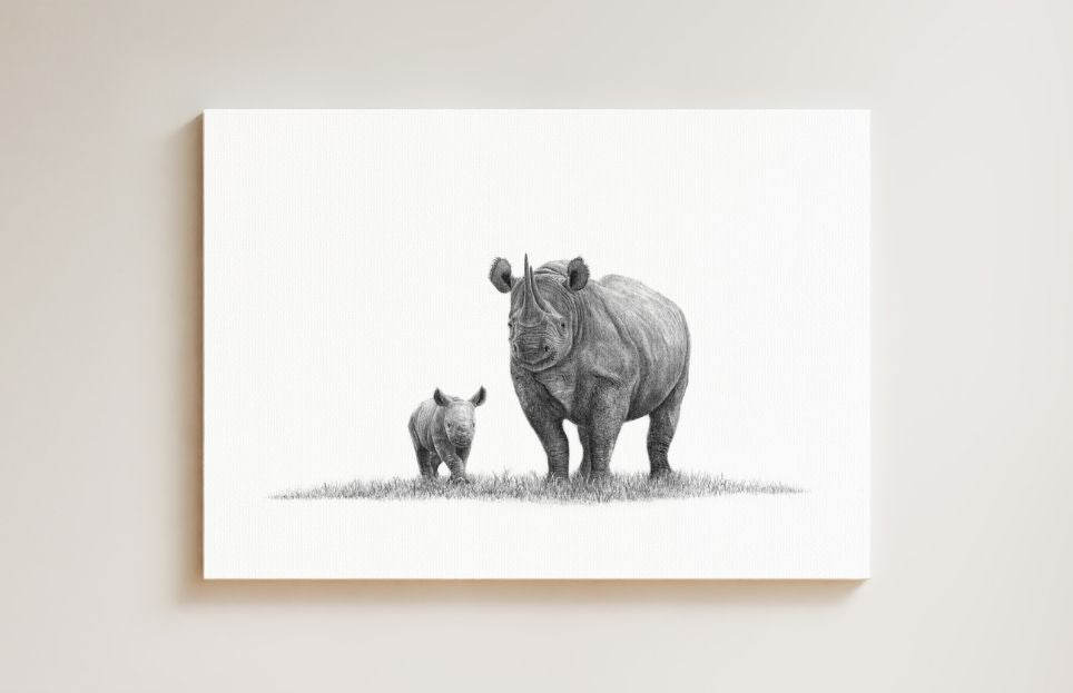 African Black Rhino drawing on canvas by South African wildlife artist Matthew Bell