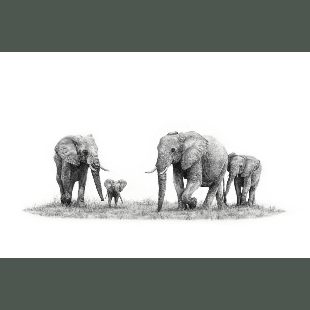 African elephants family artwork with a brown frame