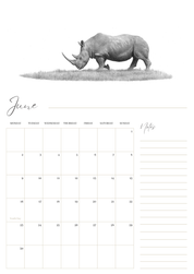 2025 premium quality South African animals hanging wall calendar showing wildlife artwork by artist Matthew Bell including Elephant, Giraffe, Serval, Hippo, Cheetah, Pangolin, Rhino, Springbok, Zebra, Dung Beetles