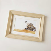 Framed artwork African wildlife pencil drawing of a leopard mother with her cub in the Kruger National Park by Matthew Bell artist