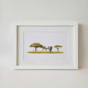 Elephant and Acacia trees pencil drawing framed print of the original by wildlife artist Matthew Bell