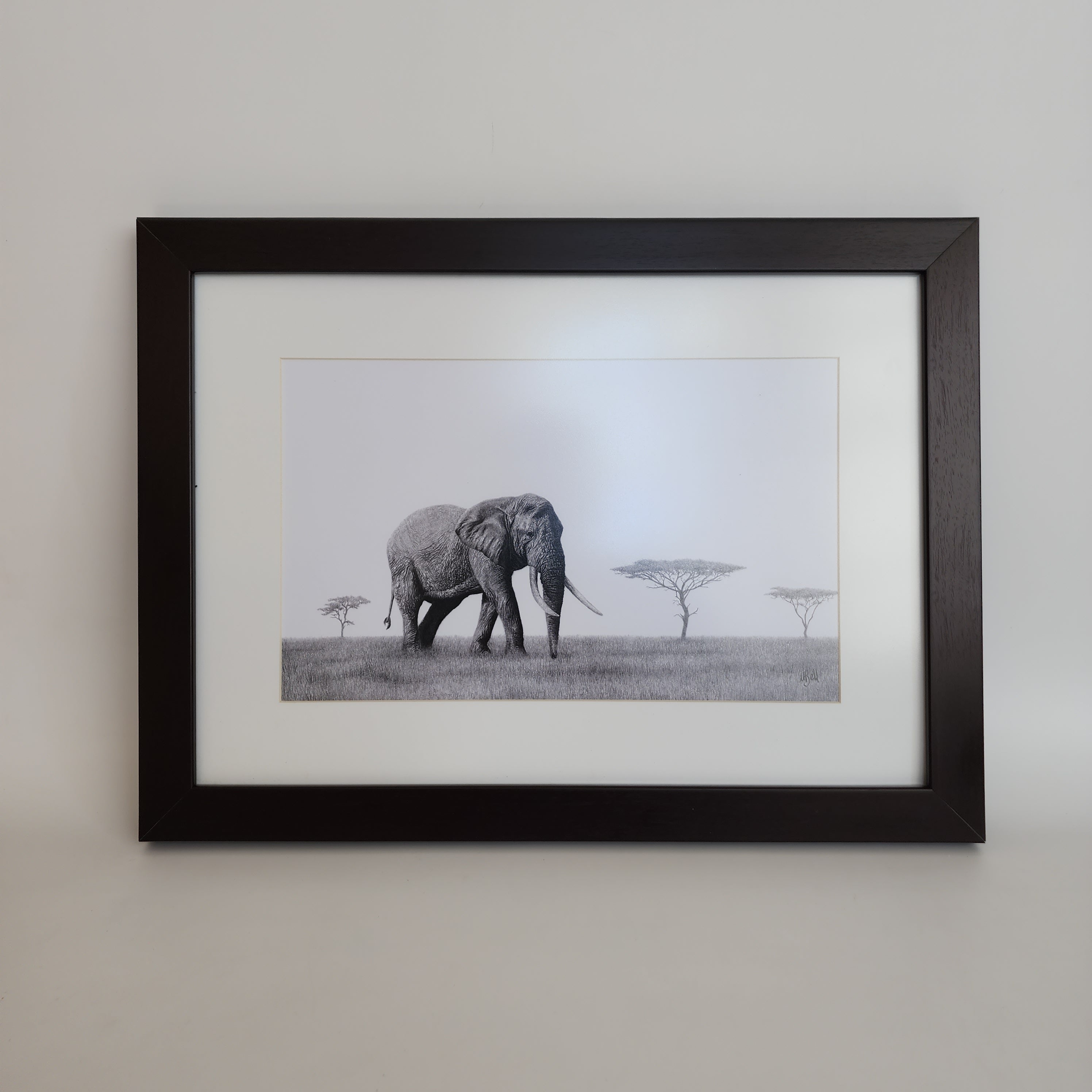 Bull African elephant in the Serengeti artwork with a brown frame