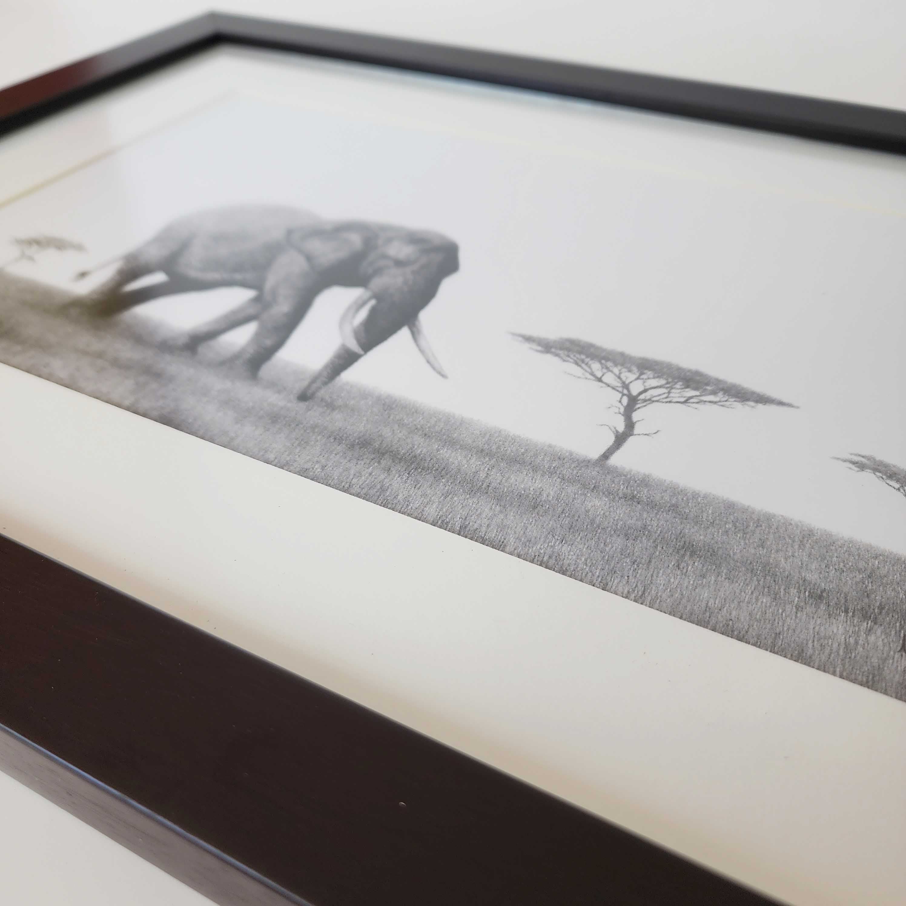 Bull African elephant in the Serengeti artwork with a brown frame