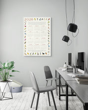 2026 South African bird calendar poster featuring hand-drawn illustrations of 40 native bird species surrounding a clean, minimalist yearly calendar layout on an A2 sheet2026 Suid-Afrikaanse voëlkalender-plakkaat met handgetekende illustrasies van 40 inheemse voëlspesies rondom ’n netjiese, minimalistiese jaarlikse kalenderuitleg op ’n A2-vel