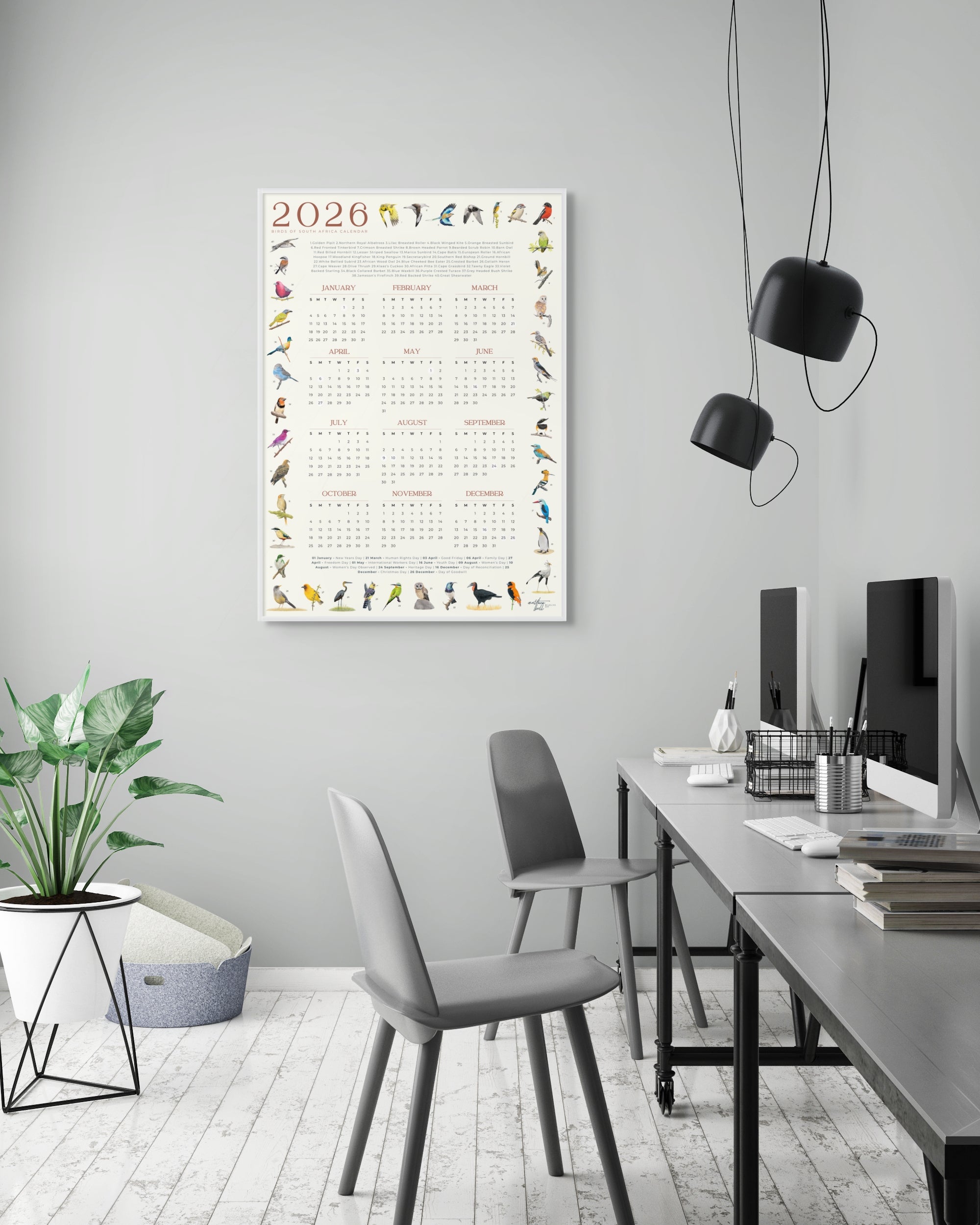 2026 South African bird calendar poster featuring hand-drawn illustrations of 40 native bird species surrounding a clean, minimalist yearly calendar layout on an A2 sheet2026 Suid-Afrikaanse voëlkalender-plakkaat met handgetekende illustrasies van 40 inheemse voëlspesies rondom ’n netjiese, minimalistiese jaarlikse kalenderuitleg op ’n A2-vel