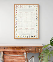 2026 South African bird calendar poster featuring hand-drawn illustrations of 40 native bird species surrounding a clean, minimalist yearly calendar layout on an A2 sheet2026 Suid-Afrikaanse voëlkalender-plakkaat met handgetekende illustrasies van 40 inheemse voëlspesies rondom ’n netjiese, minimalistiese jaarlikse kalenderuitleg op ’n A2-vel