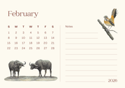Calendar page for February 2026 with illustrations of a bird, two buffaloes, and space for notes.