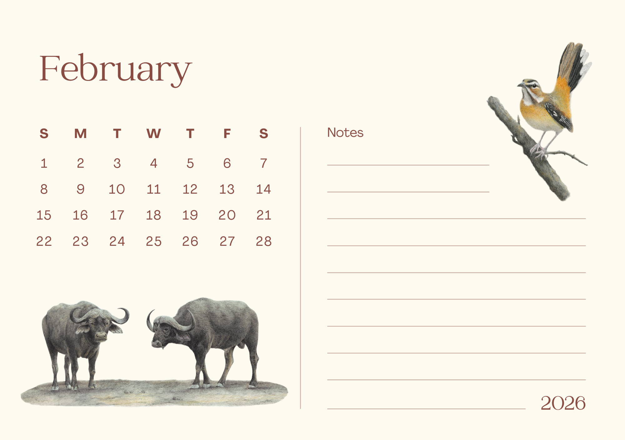 Calendar page for February 2026 with illustrations of a bird, two buffaloes, and space for notes.