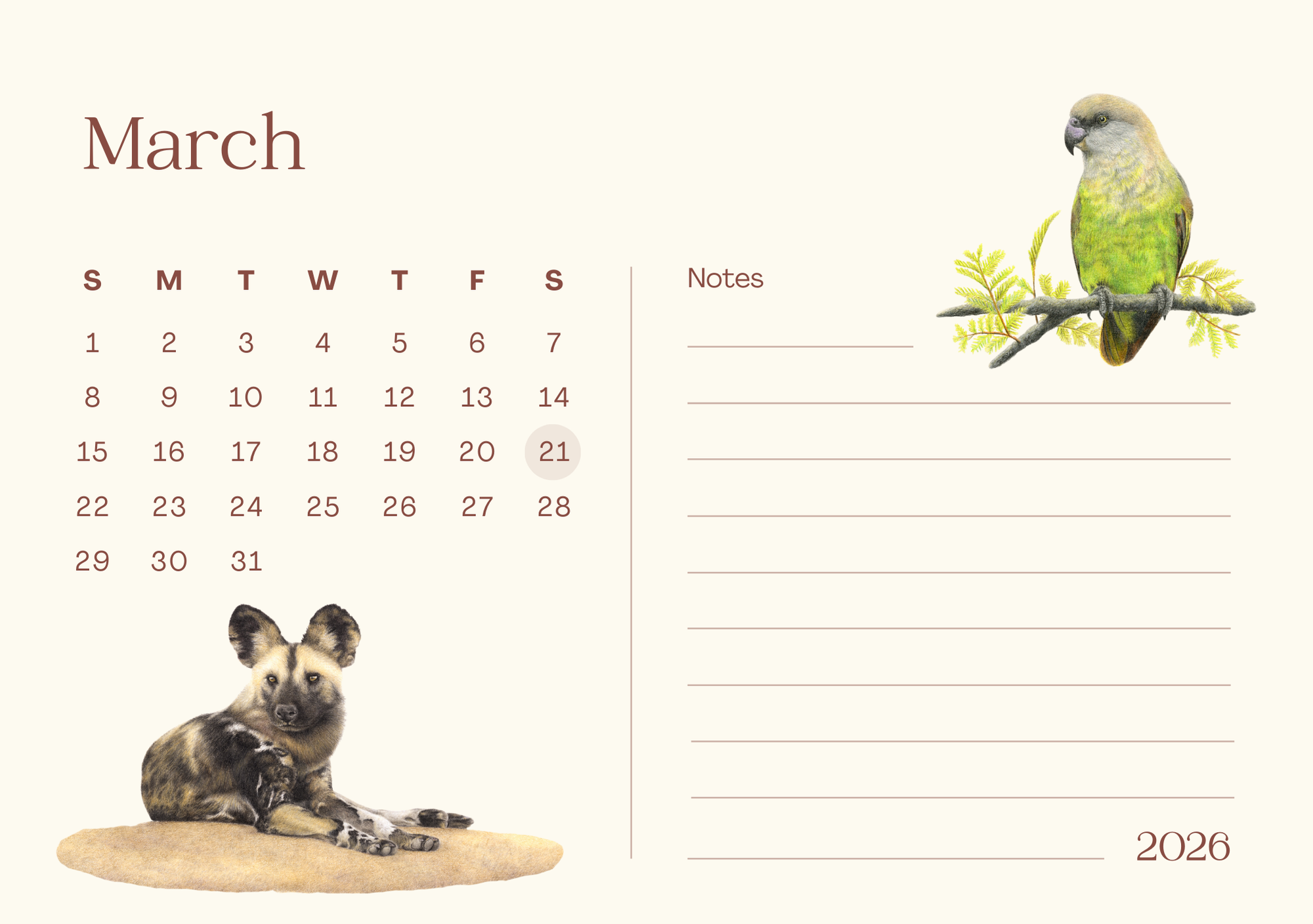 Calendar page for March 2026 with a wild dog and parrot illustration.