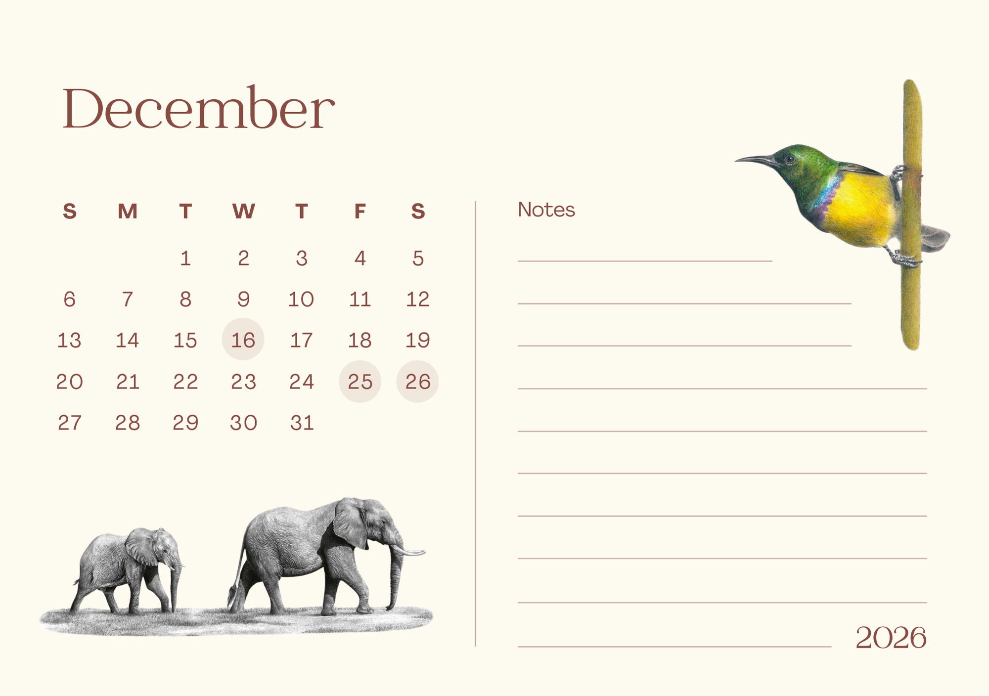 Calendar page for December 2026 with elephants and a collared sunbird illustration.