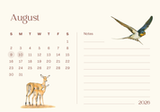 Calendar page for August 2026 with a barn swallow and impala mother and baby illustration on a white background.