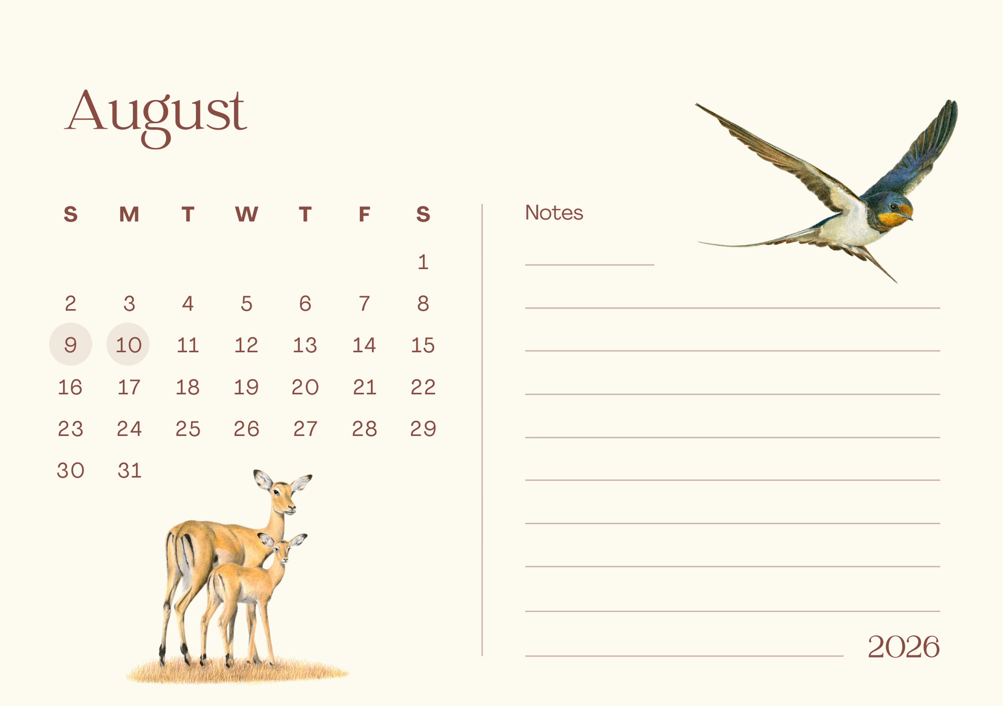 Calendar page for August 2026 with a barn swallow and impala mother and baby illustration on a white background.