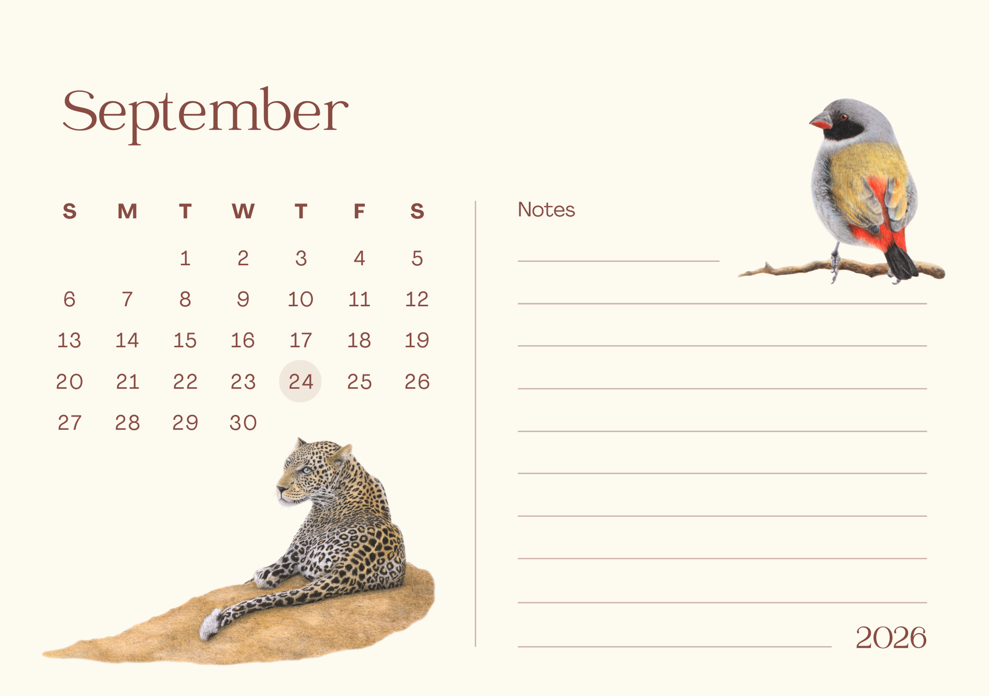 Calendar page for September 2026 with a leopard and Swee Waxbill bird illustration on a white background.
