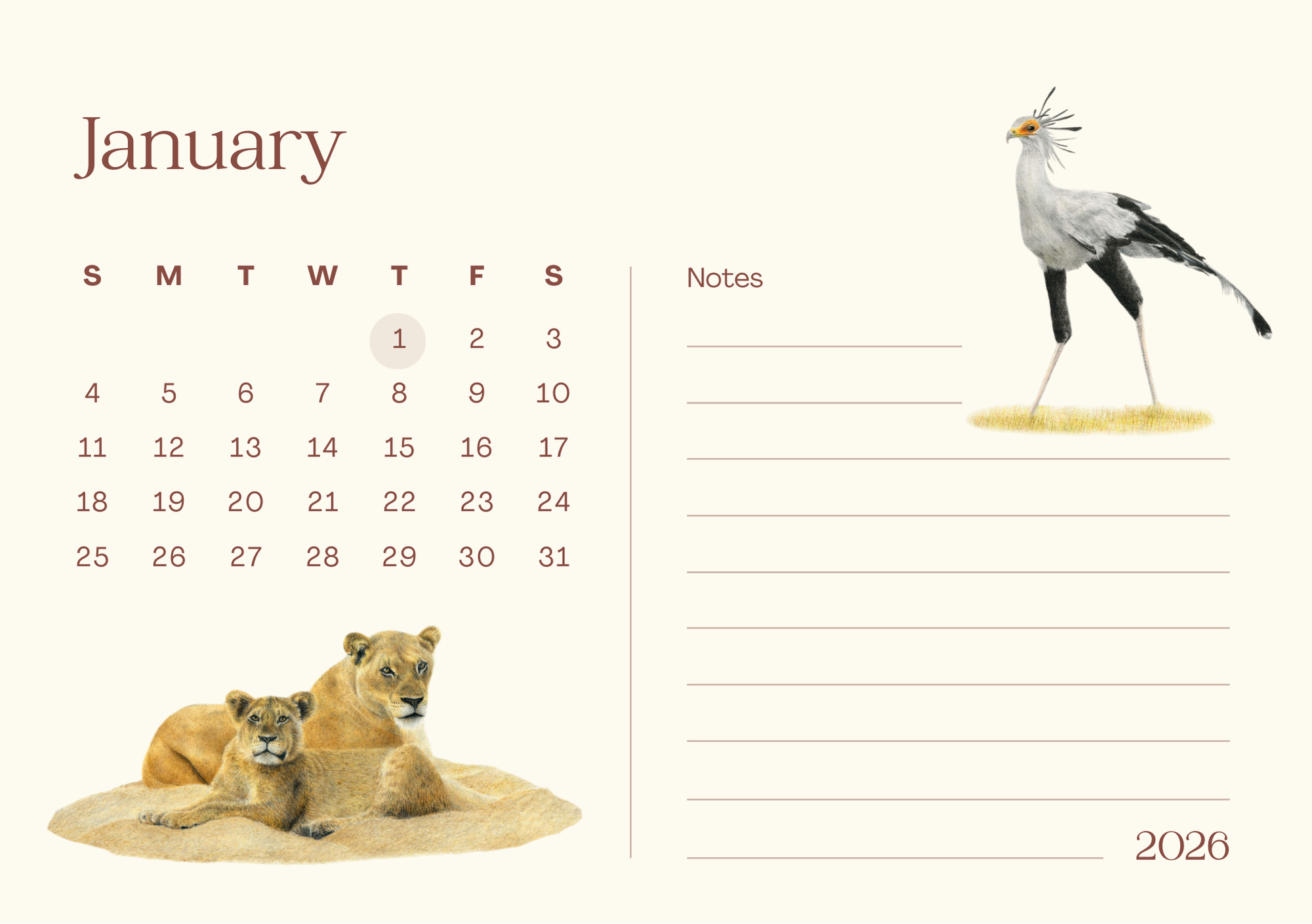 Calendar page for January 2026 with images of lions and a secretary bird.