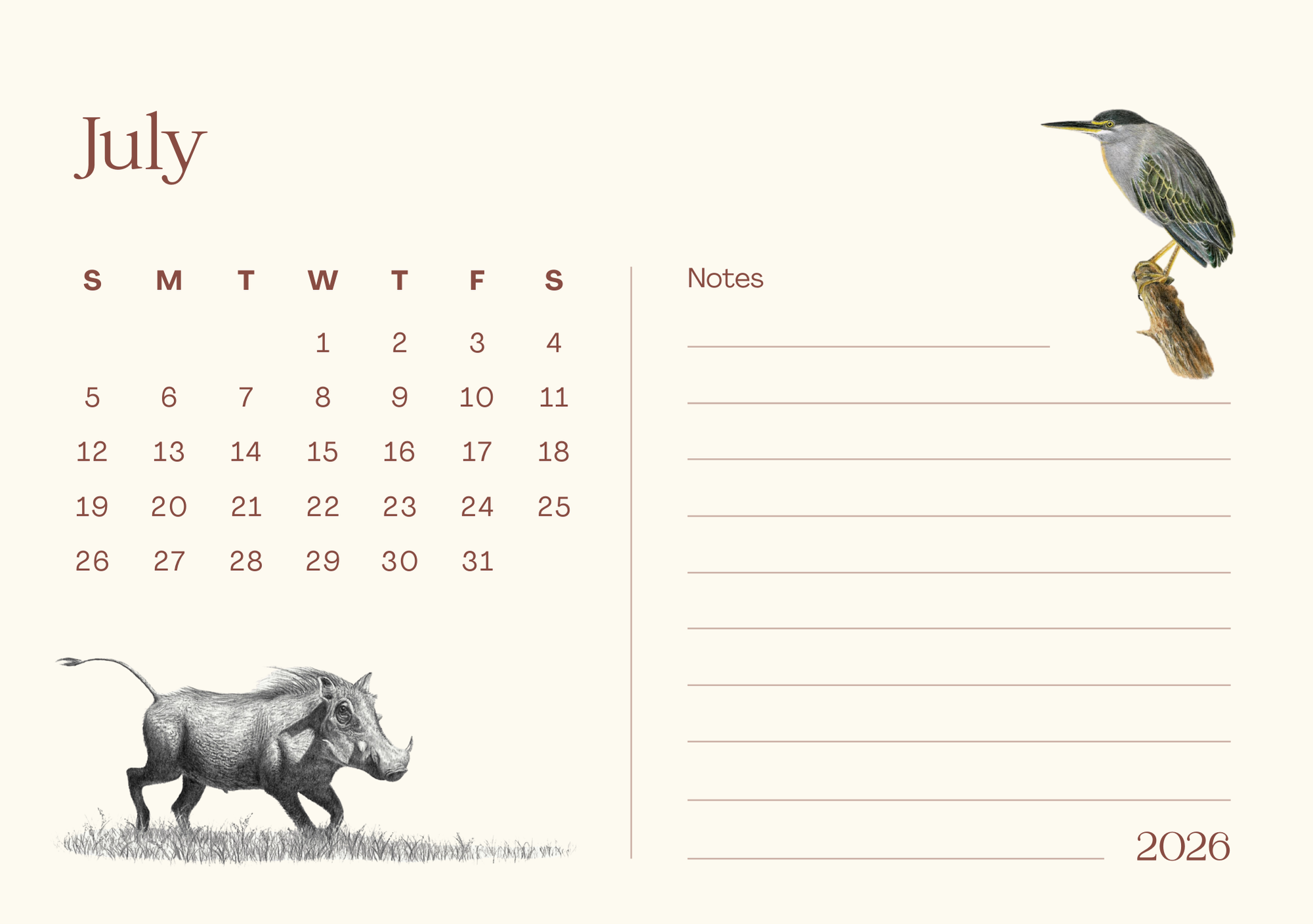 Calendar page for July 2026 with illustrations of a green backed heron and warthog, and a notes section