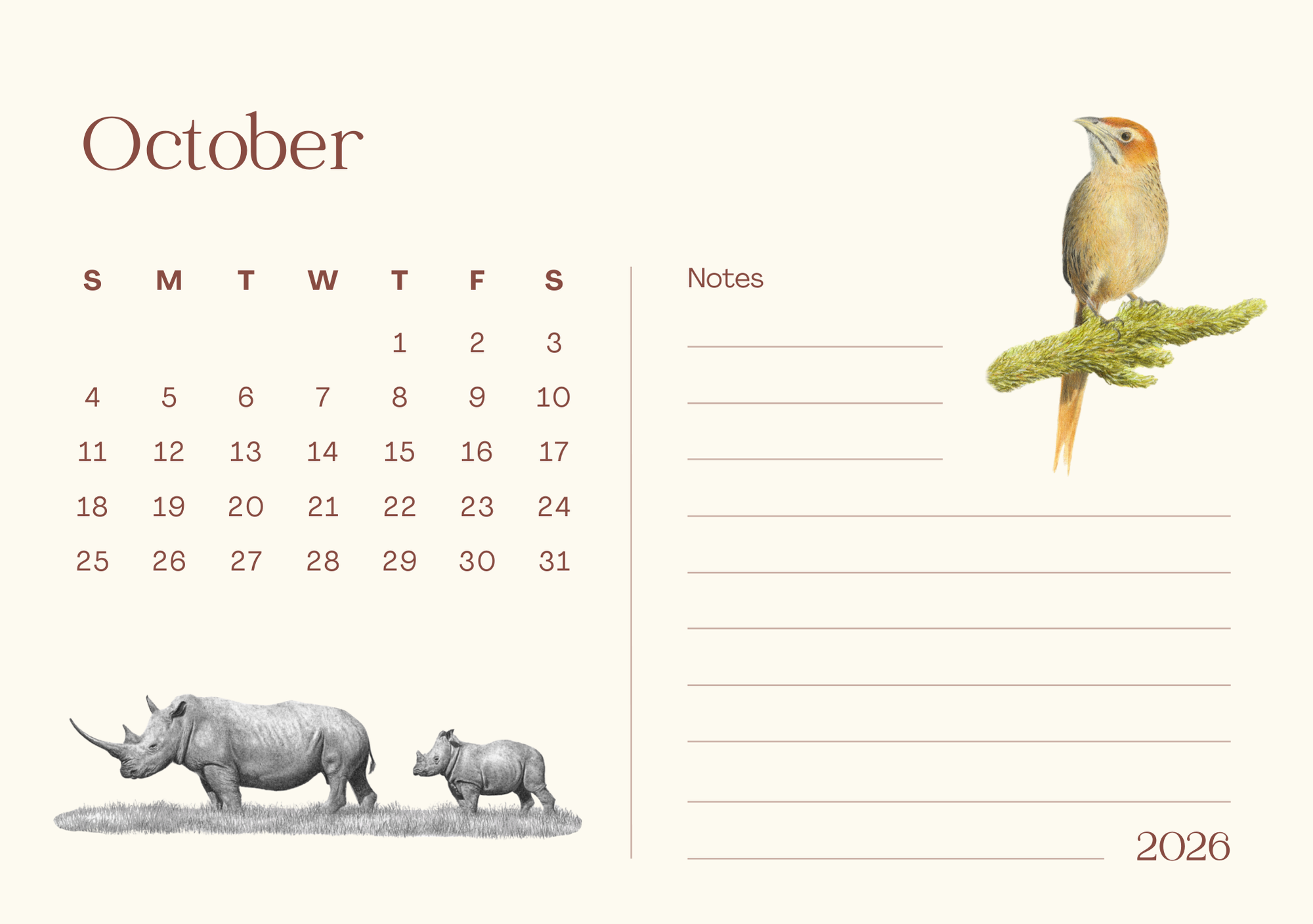 Calendar page for October 2026 with a Cape Grassbird, rhinoceros, and calf illustration.