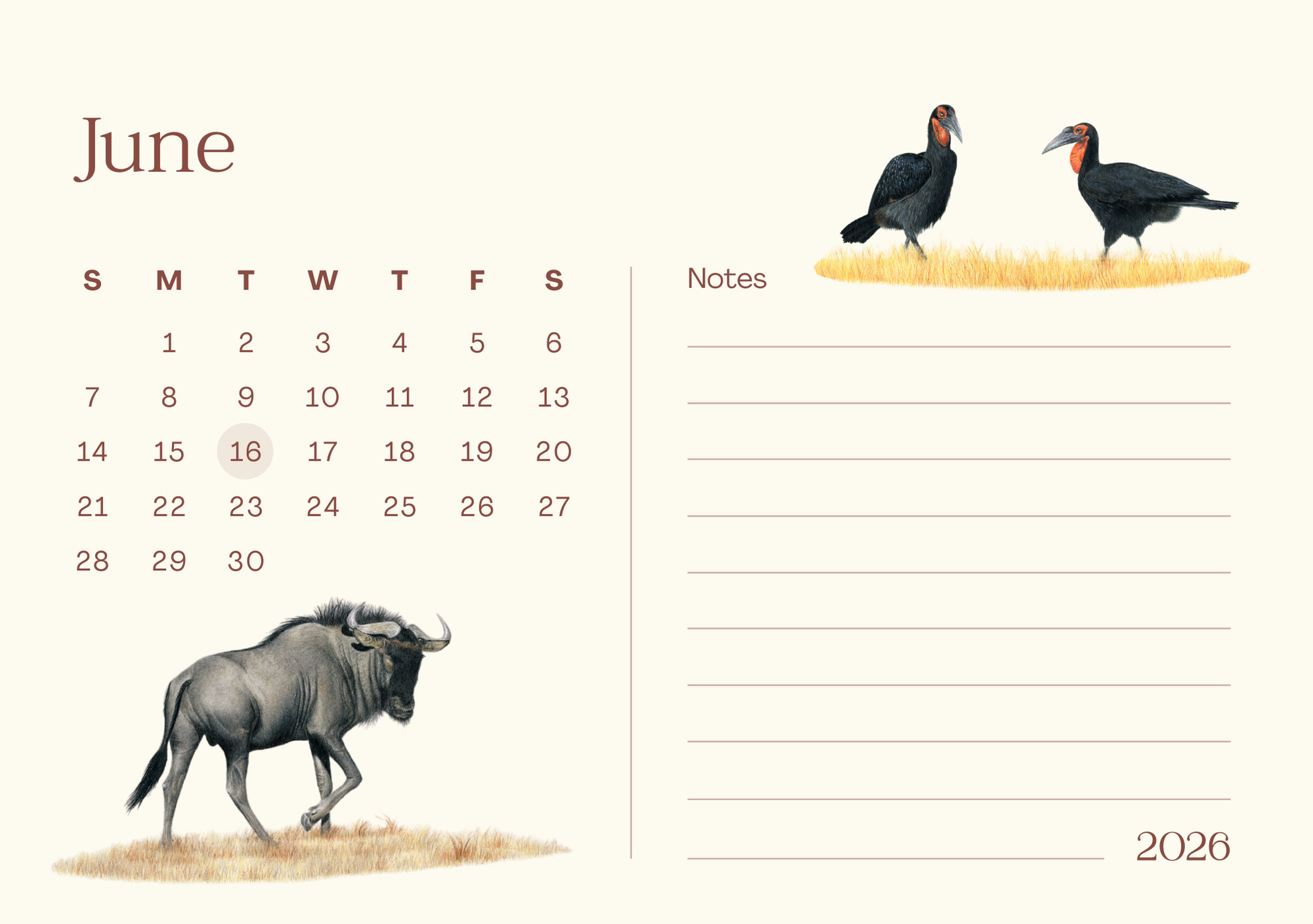 Calendar page for June 2026 with wildlife illustrations and a notes section. Ground Hornbills and Wildebeest