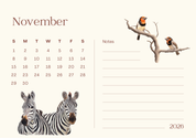 Calendar page for November 2026 with zebra and black collared barbets on a branch.