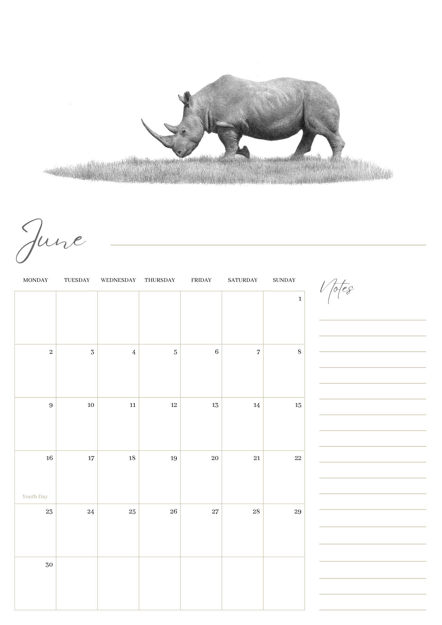 2025 premium quality South African animals hanging wall calendar showing wildlife artwork by artist Matthew Bell including Elephant, Giraffe, Serval, Hippo, Cheetah, Pangolin, Rhino, Springbok, Zebra, Dung Beetles